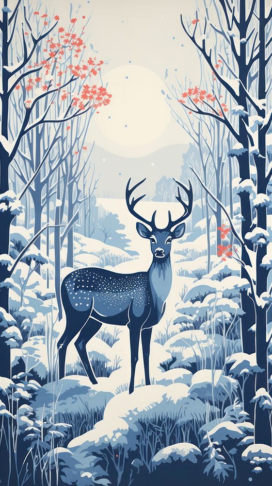 Winter deer outdoors drawing nature. AI generated Image by rawpixel.