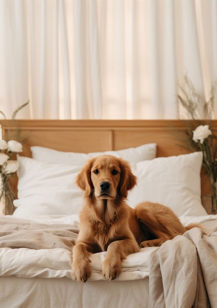 A golden retriever puppy bed furniture mammal. AI generated Image by rawpixel.