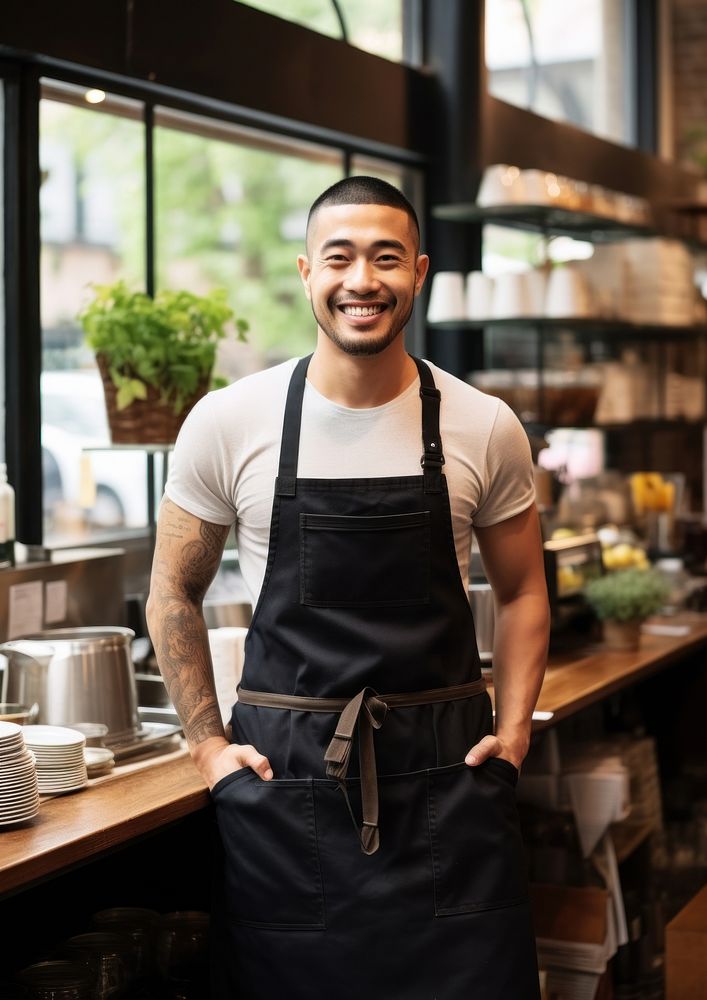 Mixed race japanese man smiling waiter adult. AI generated Image by rawpixel.