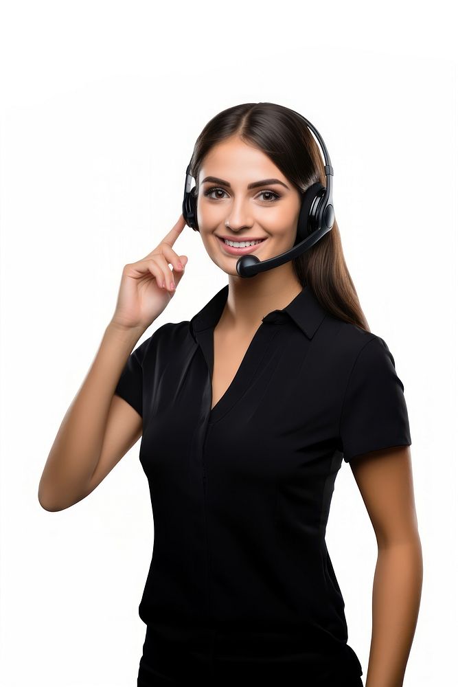 A female customer service worker wearing a headset headphones portrait smiling. AI generated Image by rawpixel.