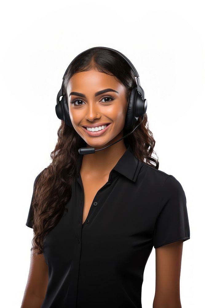 A female customer service worker wearing a headset and smiling headphones portrait looking. AI generated Image by rawpixel.