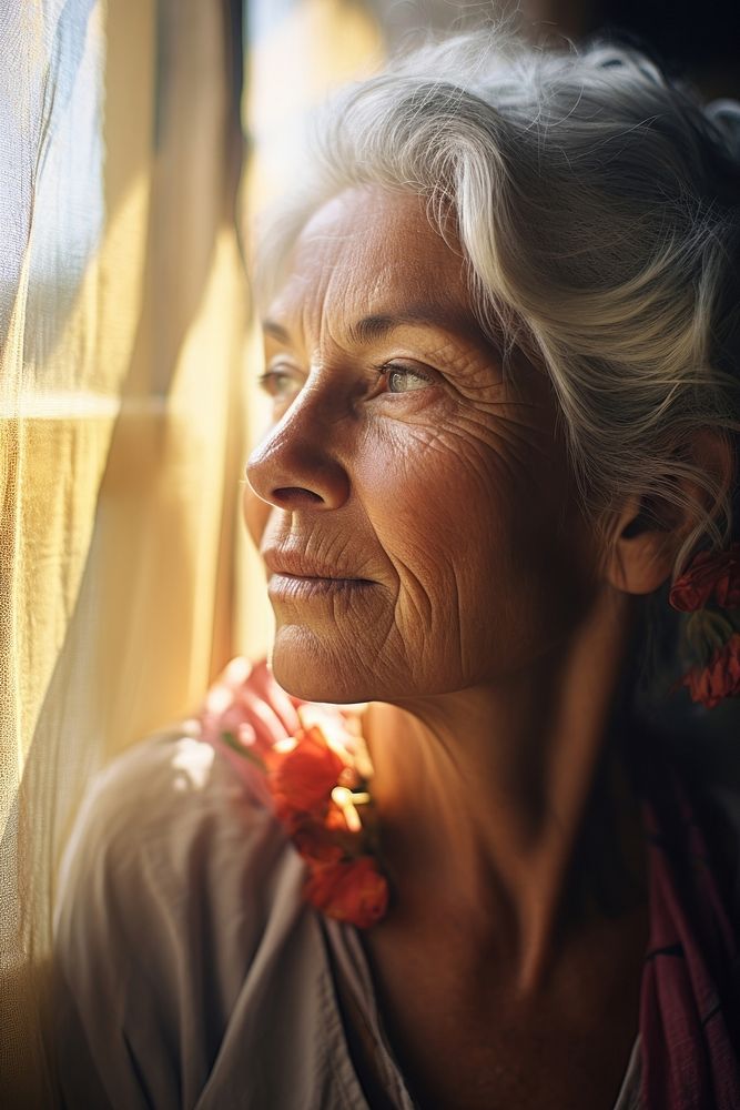 Artistic old woman portrait sunlight sitting. AI generated Image by rawpixel.