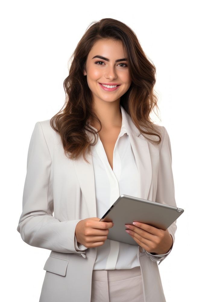 Young modern business woman looking at the tablet screen while working computer portrait smile. AI generated Image by…