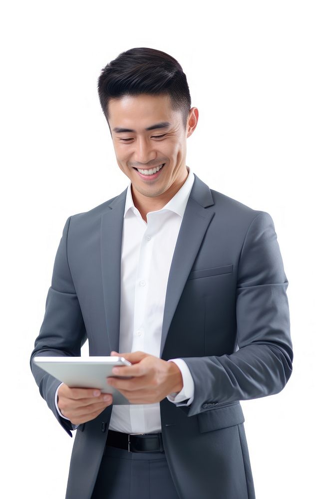 Young modern business man looking at the tablet screen while working computer adult portability. AI generated Image by…