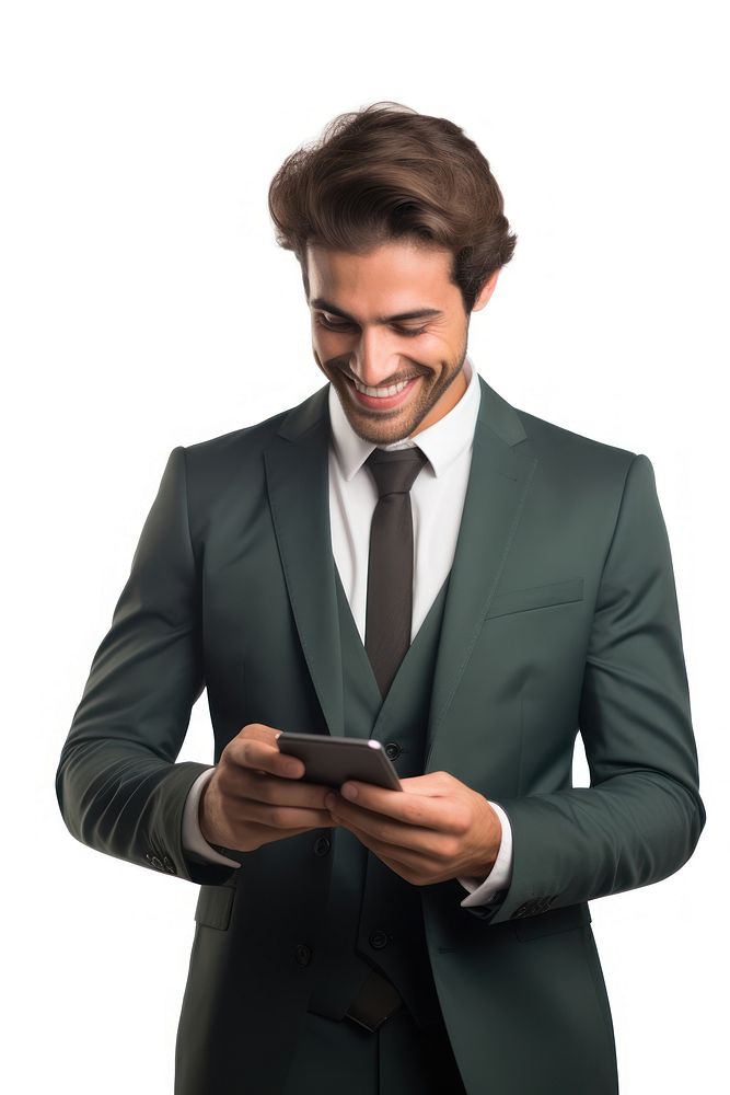Young modern business man looking at the tablet screen while working portrait tuxedo blazer. AI generated Image by rawpixel.