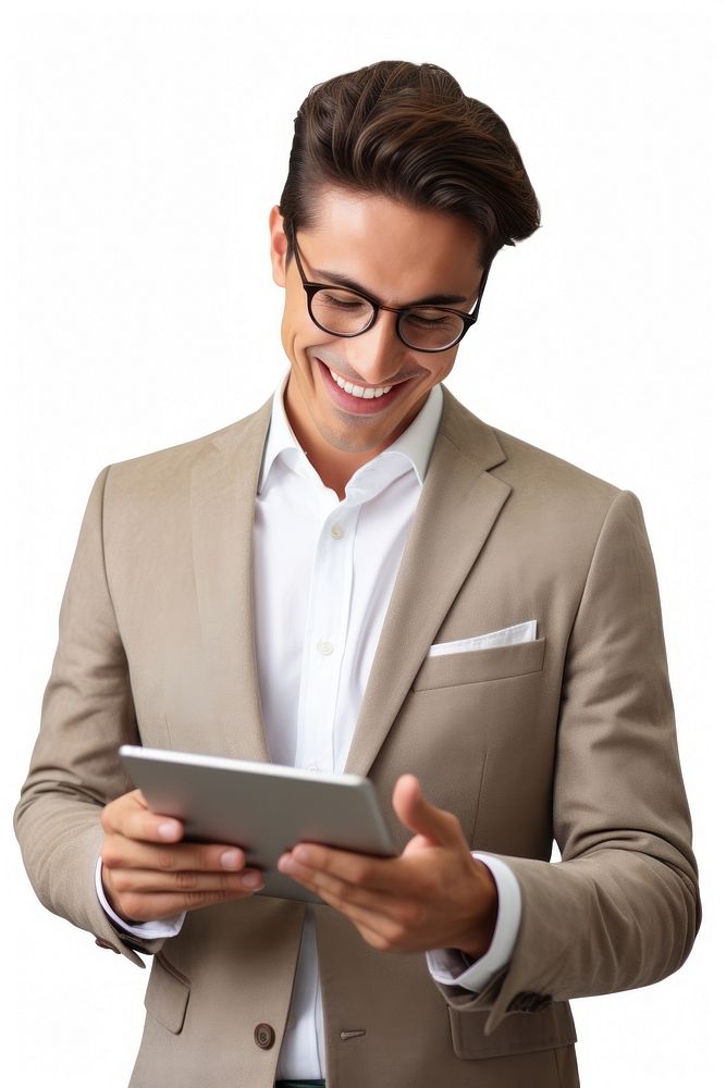 Young modern business man looking at the tablet screen while working computer glasses reading. 