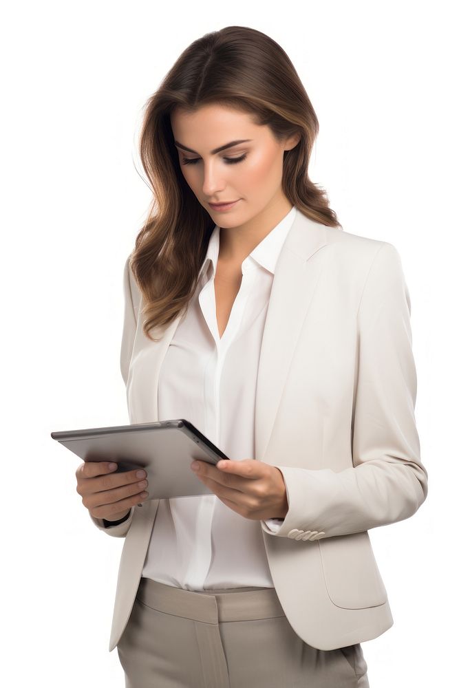Young businesswoman looking at the tablet screen while working computer blazer concentration. AI generated Image by rawpixel.
