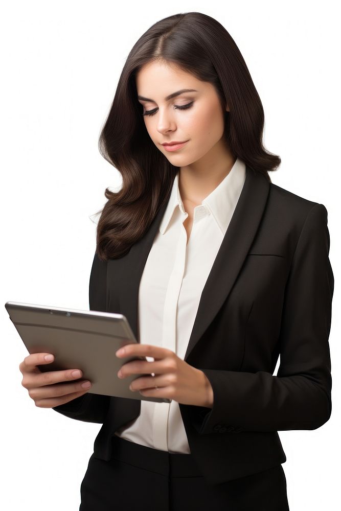 Young businesswoman looking at the tablet screen while working computer adult portability. AI generated Image by rawpixel.