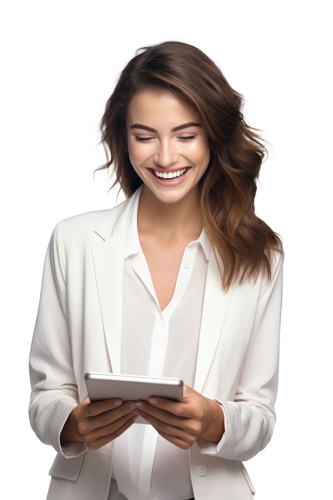 Young smart woman looking at the tablet screen while working smile computer adult. AI generated Image by rawpixel.