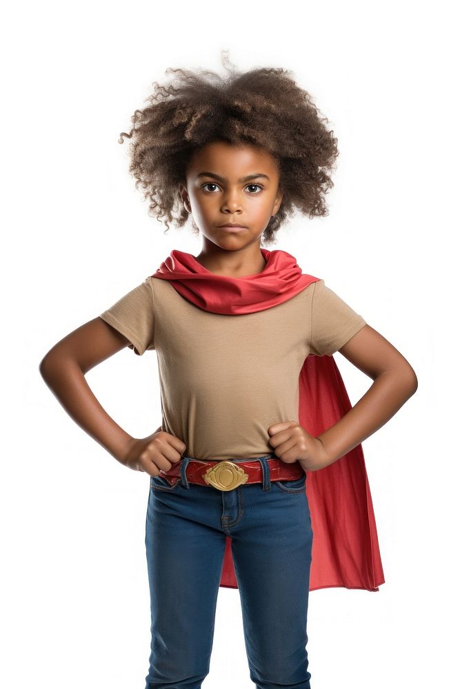 A young girl in a homemade superhero costume portrait standing face. AI generated Image by rawpixel.