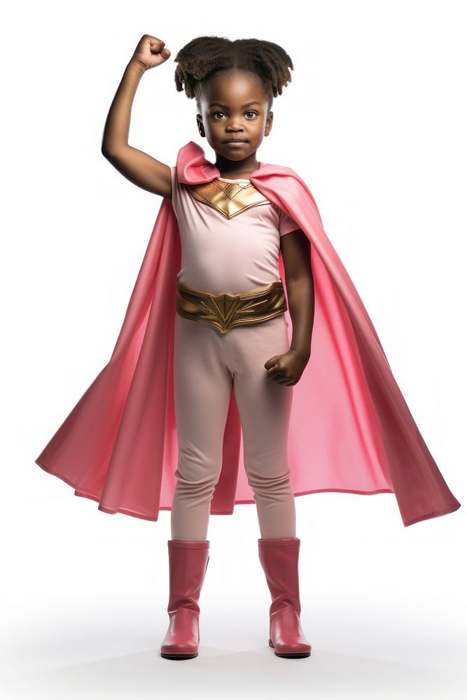 A young girl in a homemade superhero costume standing child white background. AI generated Image by rawpixel.