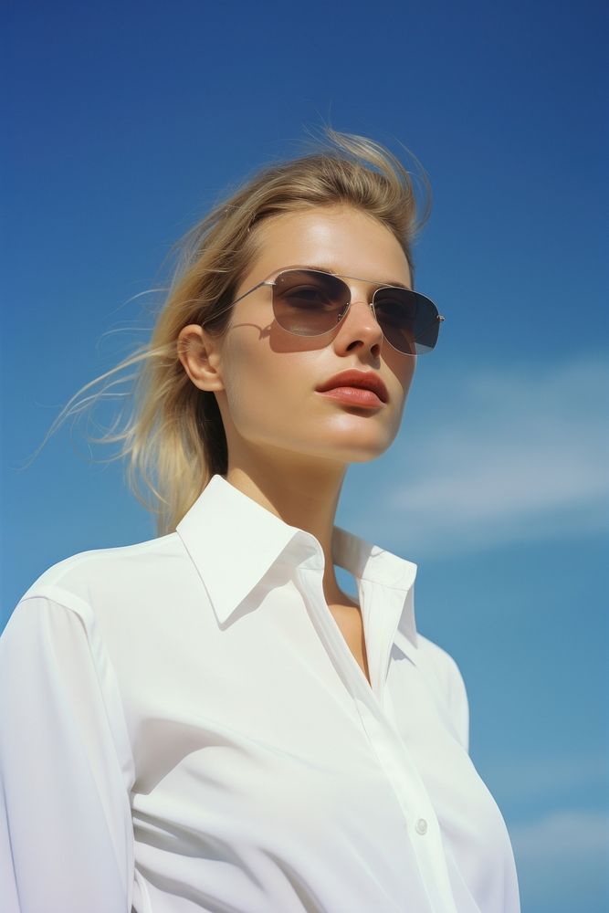 Expired film photography of bussiness woman portrait sunglasses summer contemplation. AI generated Image by rawpixel.