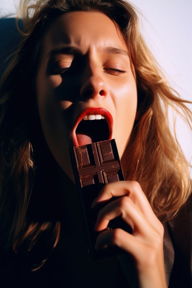 A woman eating Chocolate chocolate adult technology. AI generated Image by rawpixel.