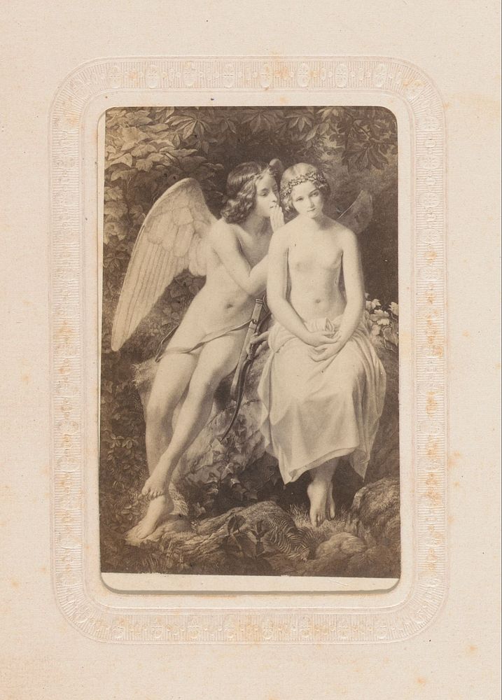 Fotoreproductie van een schilderij met een halfnaakte vrouw en een engel die in haar oor fluistert (1855 - 1865) by…