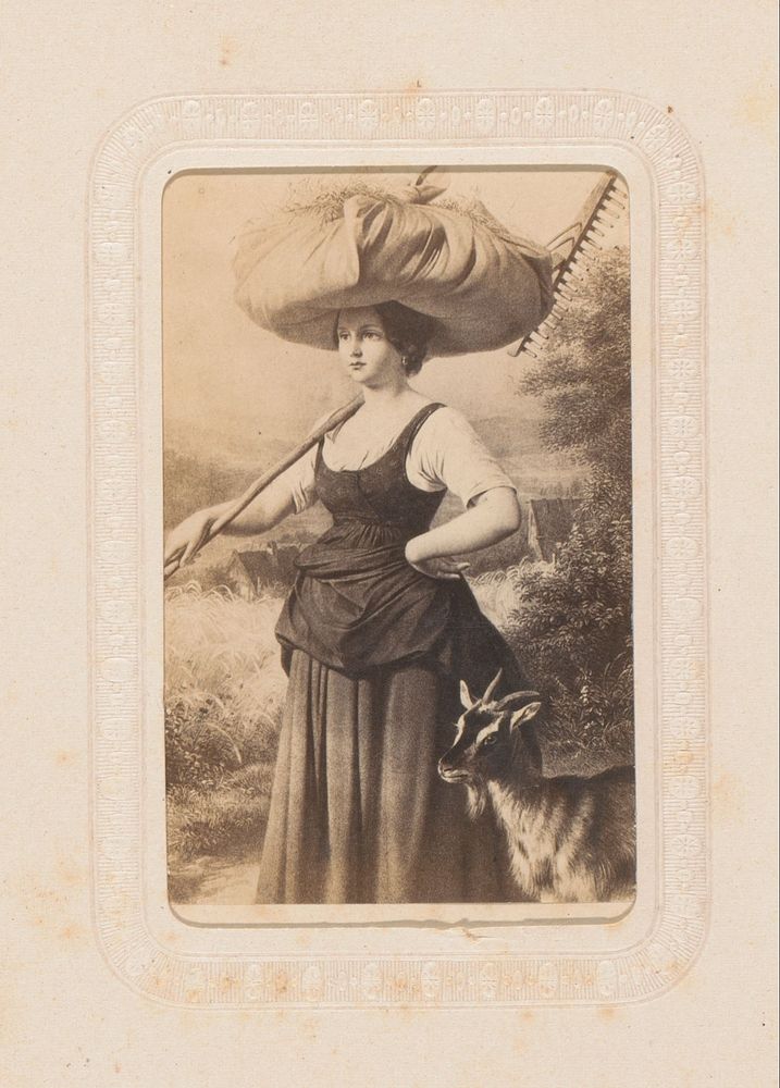 Fotoreproductie van een schilderij met een vrouw met een hark, een zak op haar hoofd en een geit (1855 - 1865) by anonymous…