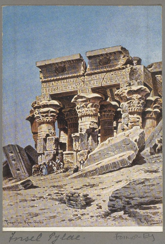 Fotoreproductie van een schilderij van Friedrich Perlberg, voorstellend de Tempel van Kom Ombo op het eiland Philae (c. 1895…