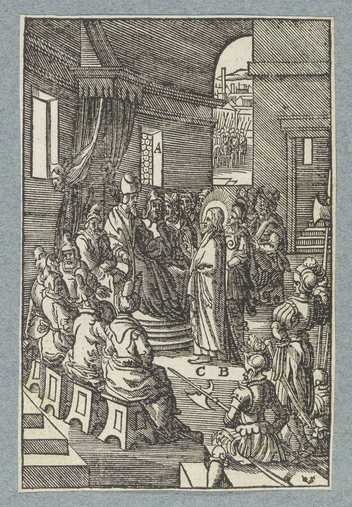 Christus voor het Sanhedrin en de oudsten (1629) by Christoffel van Sichem II, Hieronymus Wierix, Bernardino Passeri and…