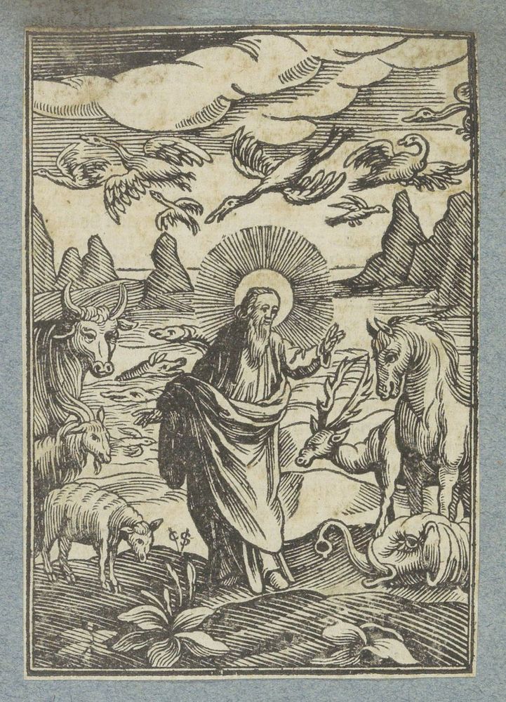 Vijfde en zesde scheppingsdag: schepping van de vogels, vissen en de landdieren (1645 - 1646) by Christoffel van Sichem II…