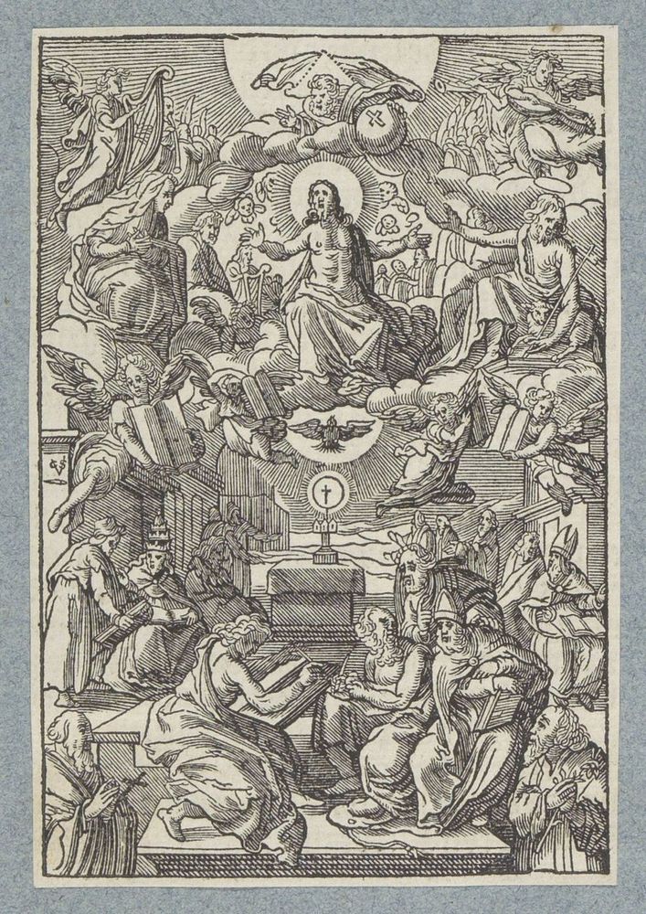 Twist tussen de kerkvaders over het heilig sacrament (1628) by Christoffel van Sichem II, Cornelis Cort, Federico Zuccaro…