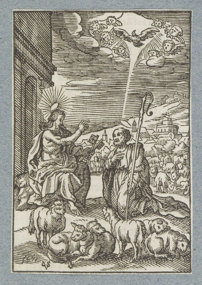 Christus geeft de sleutels van de hemel aan Petrus (1629) by Christoffel van Sichem II, Hieronymus Wierix, Maerten de Vos…