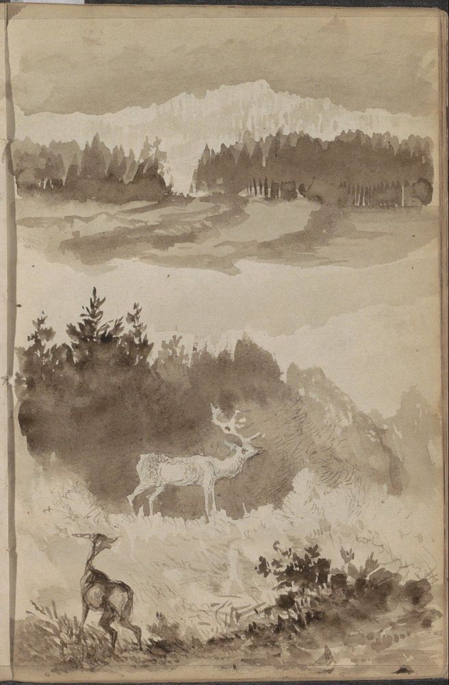 Berglandschap en twee herten bij bomen en struiken (1858) by Johannes Tavenraat