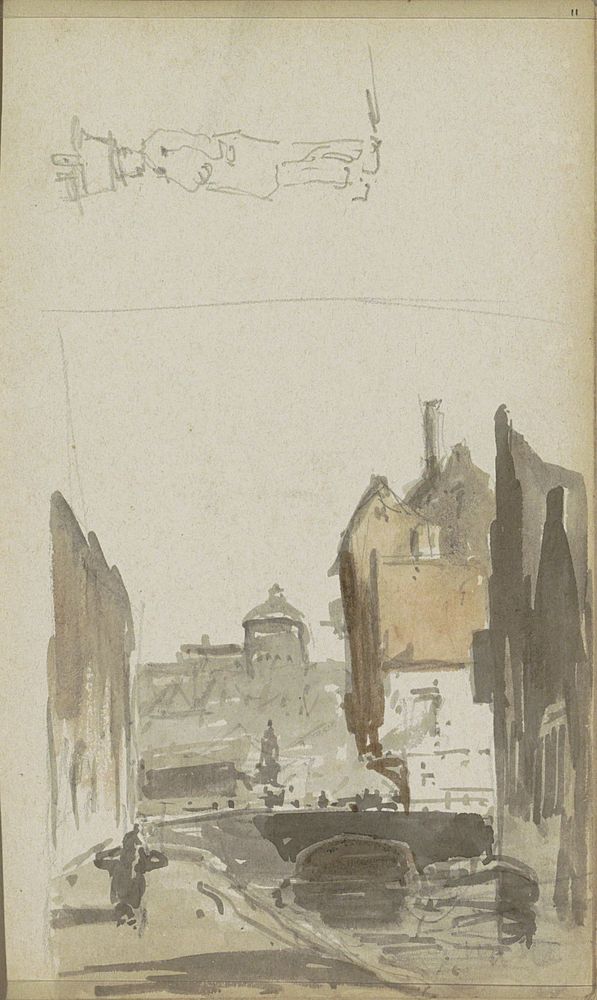 Figuurstudie en een stadsgezicht (c. 1828 - 1897) by Adrianus Eversen