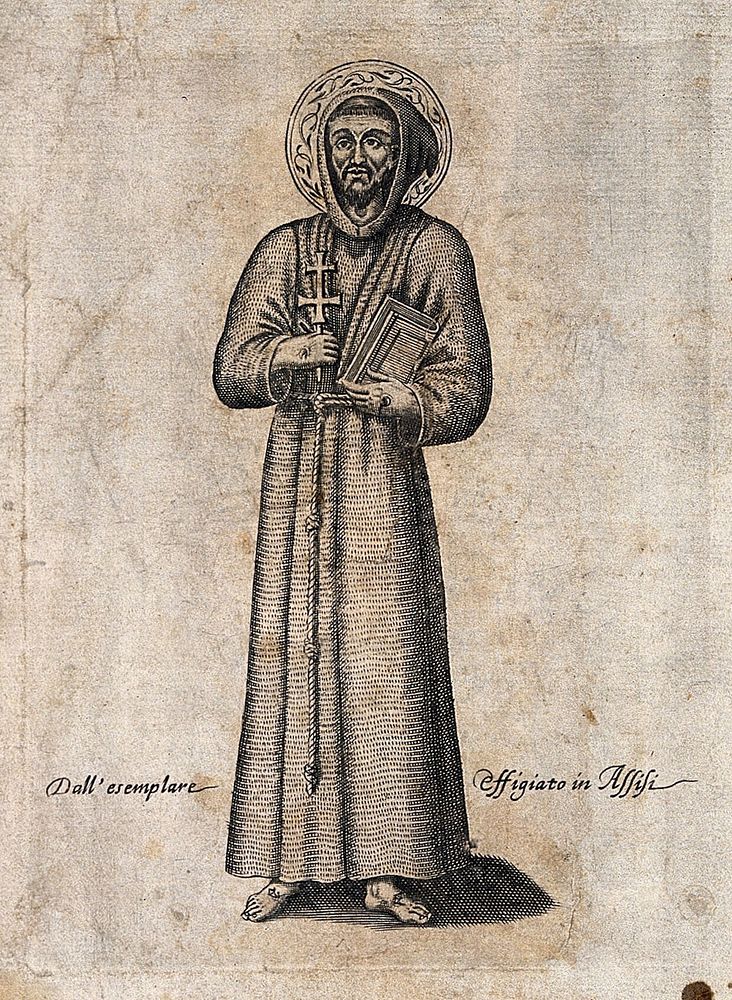 Saint Francis of Assisi holding a Bible and a crucifix. Engraving.