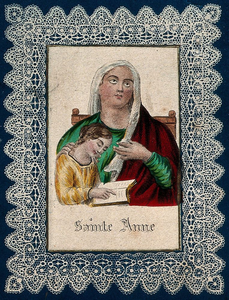 Saint Anne with the young Mary. Coloured stipple engraving.
