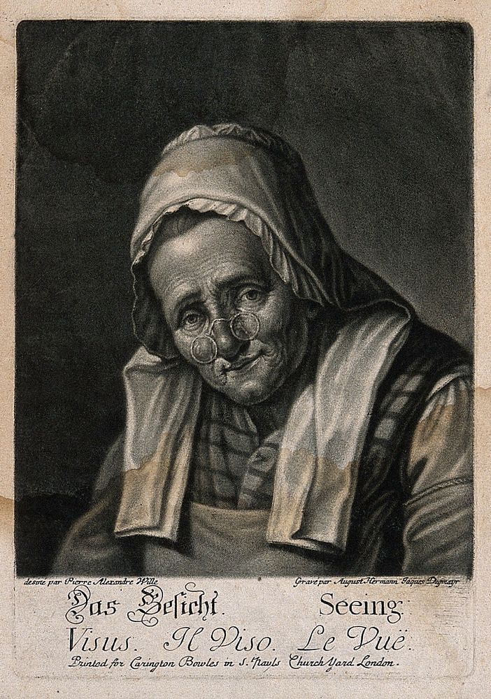 An old woman wearing spectacles; representing the sense of sight. Mezzotint by A.H.J. Degmair after P.A. Wille.