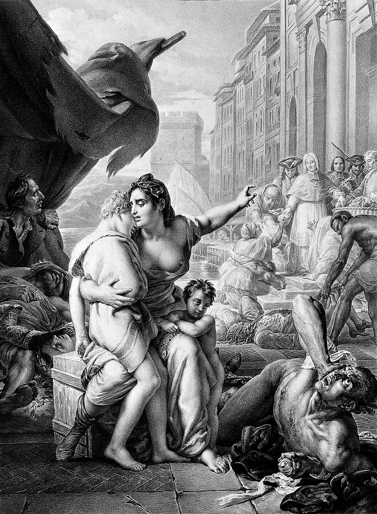 Allegorical female figure assisting victims of the 1720 plague in Marseille. Lithograph by H. Aubry-Lecomte, 1835, after F.…