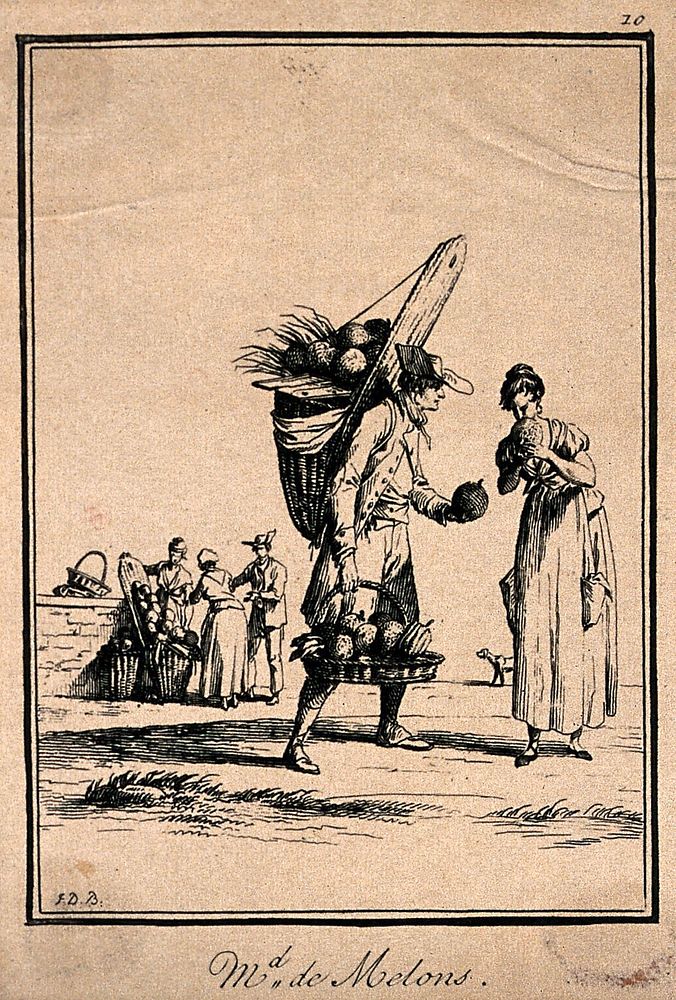 A man carrying a large basket filled with melons on his back he is offering one to a woman who smells it. Etching by J.…