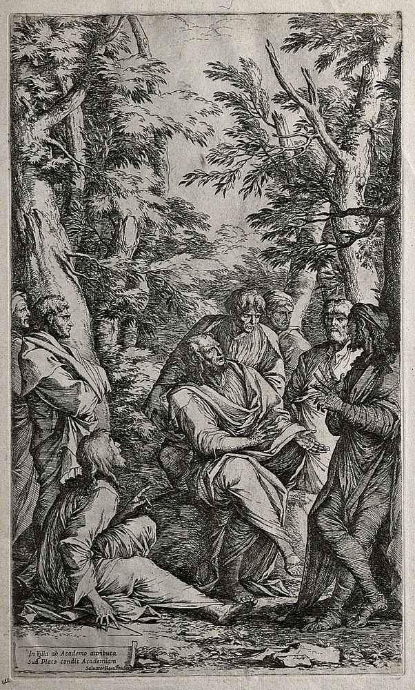 Plato discussing philosophical matters with others in the garden of the Academia. Etching by Salvator Rosa.