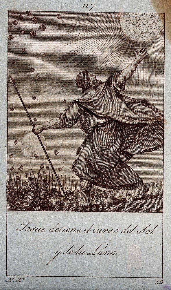 Joshua commanding the sun and moon to stand still. Engraving by J. Brunetti after A. Martinez.