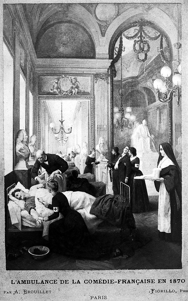 Comédie-Française, Paris: a corridor used as a hospital in the Franco-Prussian War showing nurses treating patients.…