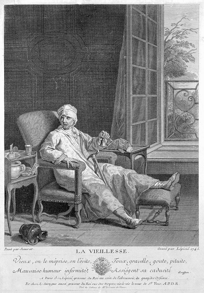 A sick old man with the woes of old age. Engraving by B. Lépicié, 1745, after E. Jeaurat.