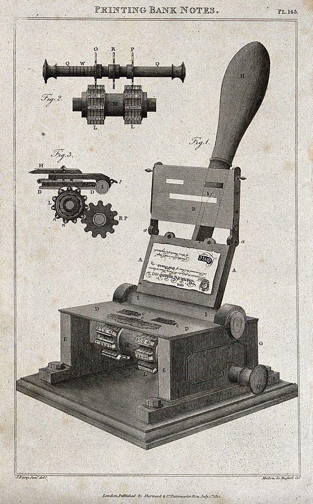 Printing: three-quarter view and details of the Bramah numerator press for banknote production. Engraving by Mutlow after J.…