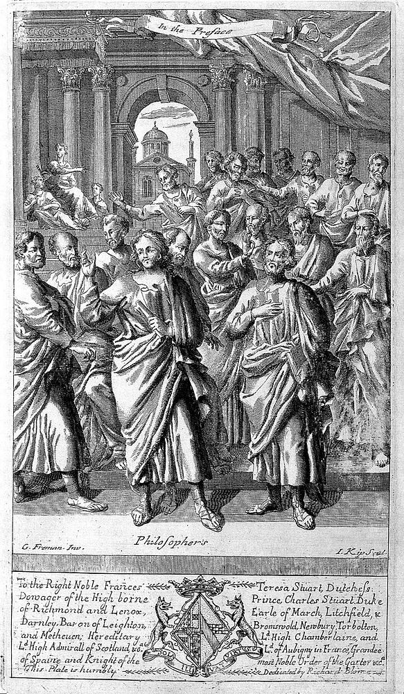 Engraving of philosophers from, Le Grand, An entire body of philosophy..., 1694