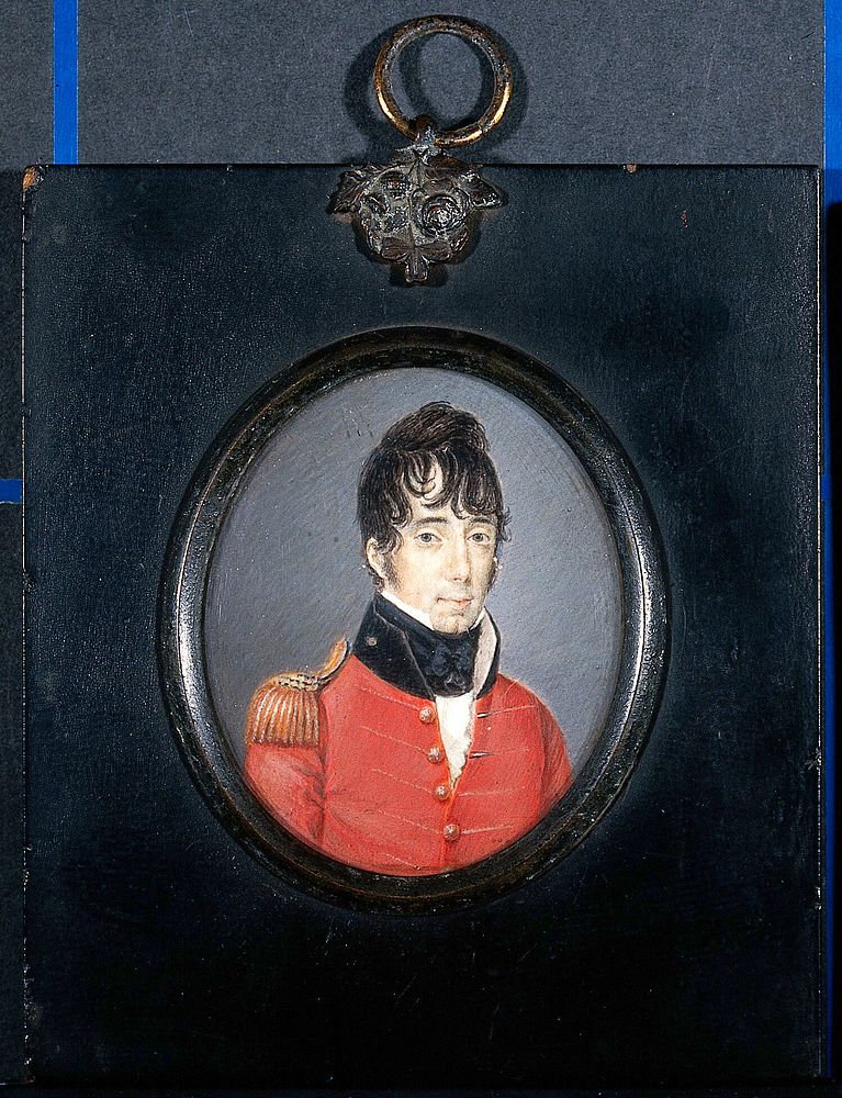 A man designated as "John Sutherland", head and shoulders, wearing a red military jacket. Gouache.