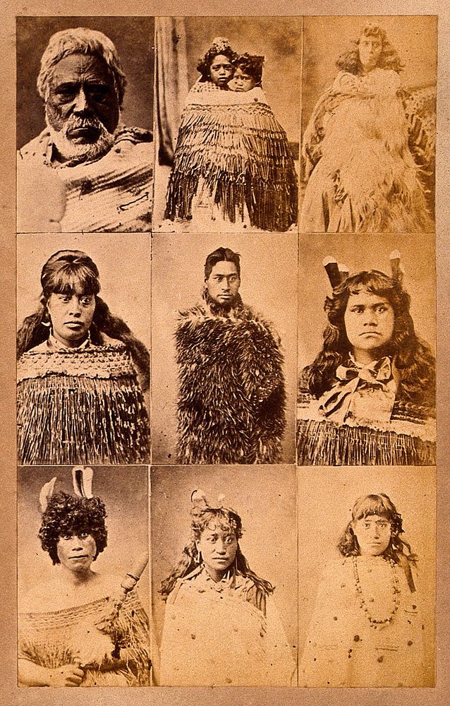 New Zealand: nine individual photos of Maori people. Albumen print.