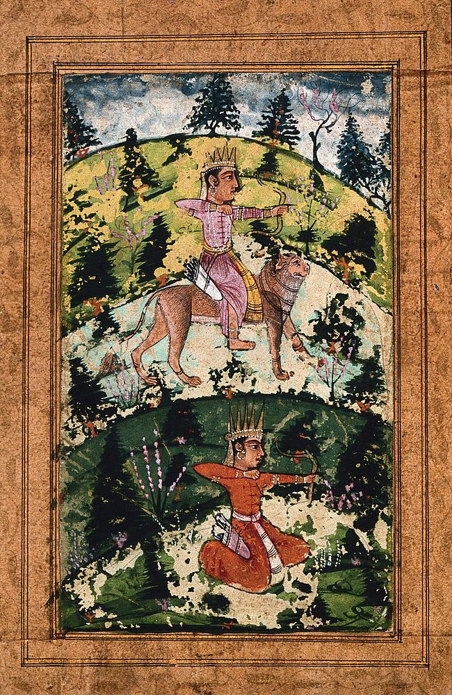 Two Indian deities in the form of archers, one riding a lion. Gouache painting by an Indian artist, ca. 1650.