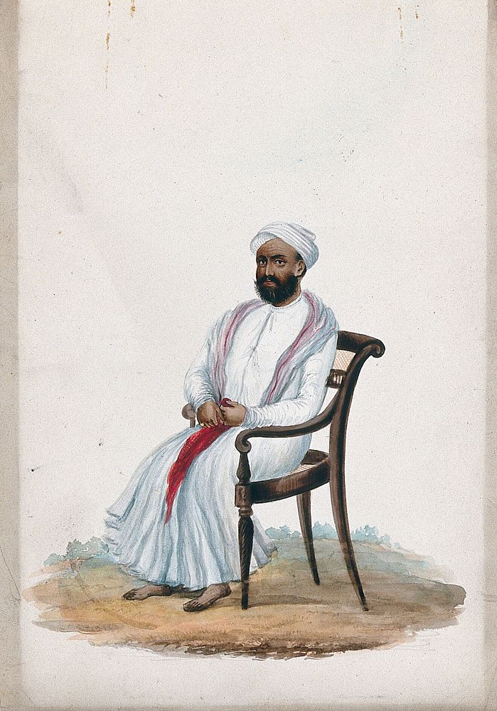 A man sitting on a chair. Gouache painting by an Indian artist.