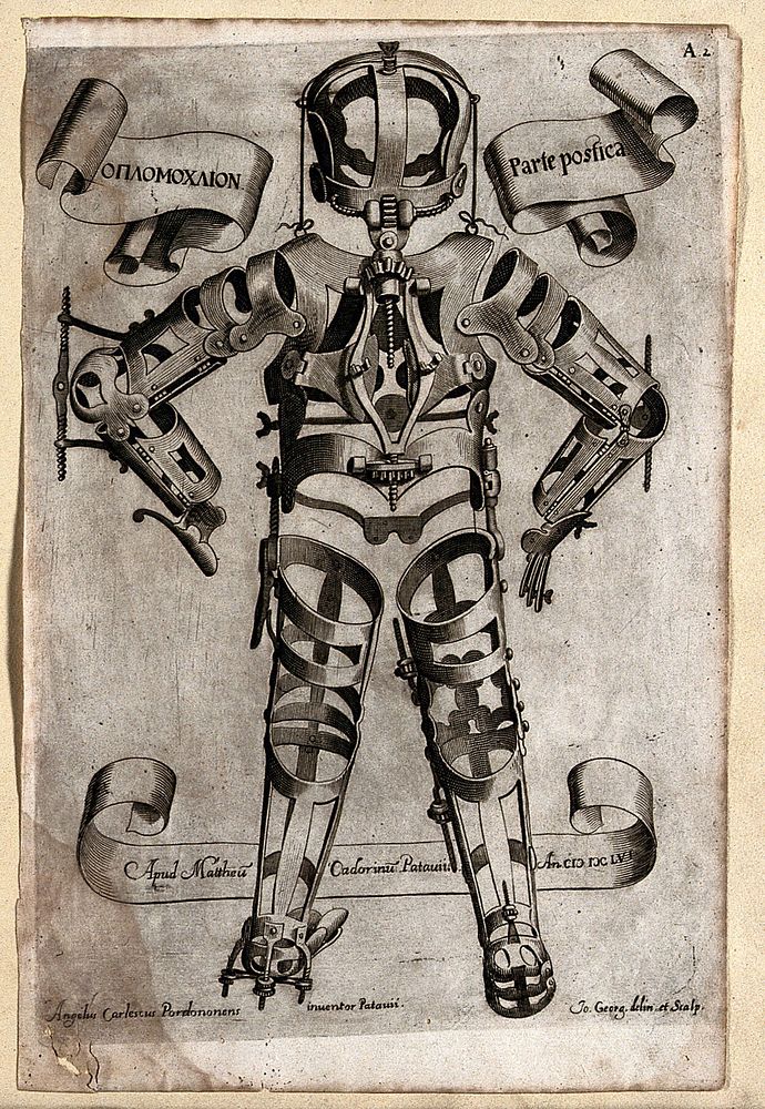 Orthopaedic apparatus for the whole human body: posterior view. Engraving by G. Georgi, 1656.
