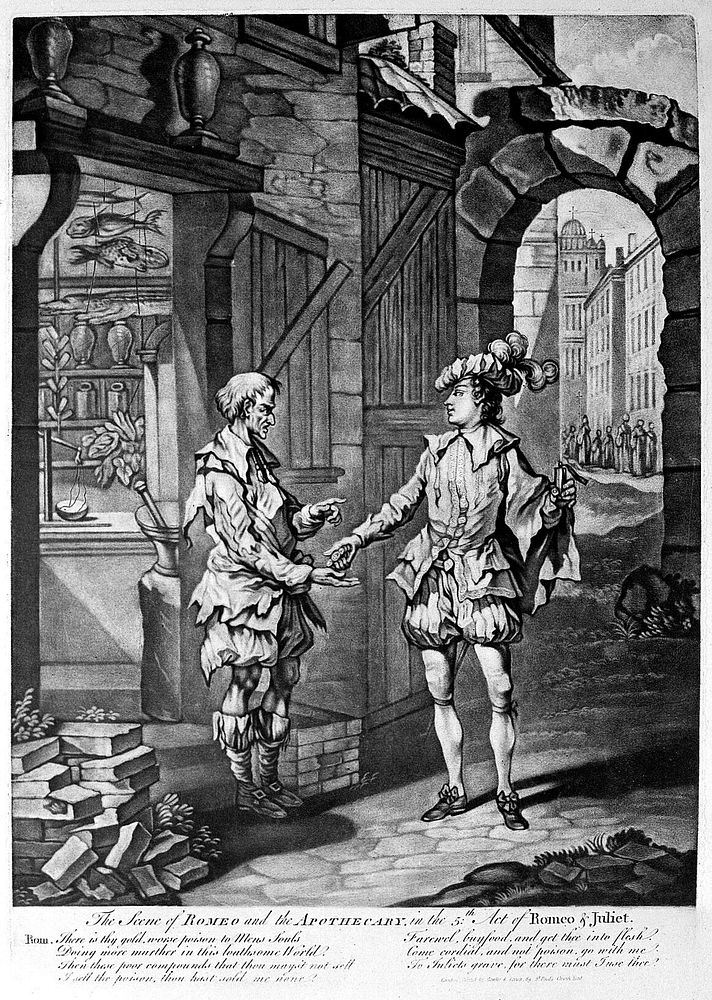 Romeo giving money to an apothecary for a poison that will enable him to kill himself. Mezzotint, 17--.