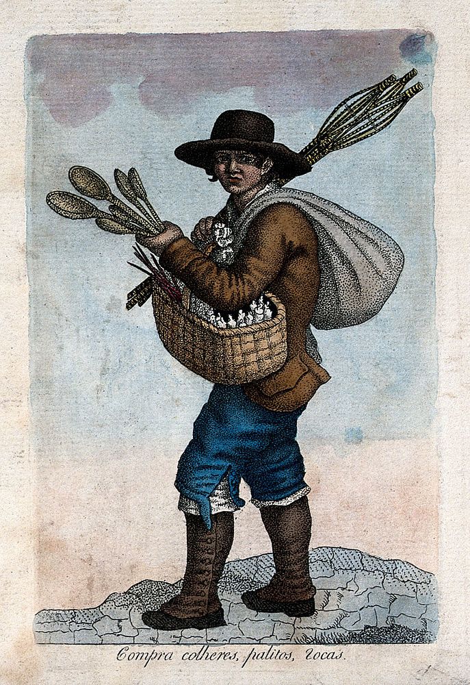 A man is carrying a sack on his back, a basket and wooden spoons in his hand. Coloured engraving.