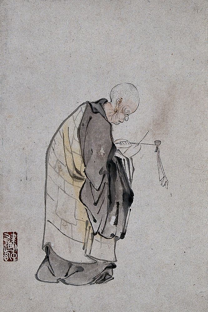 A Chinese man lighting a pipe. Watercolour.