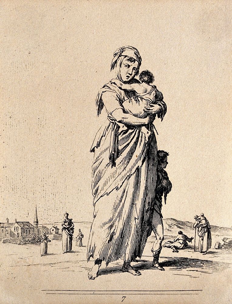 A woman in ragged clothing is carrying one child as another walks by her side. Etching by Jean Duplessi-Bertaux.