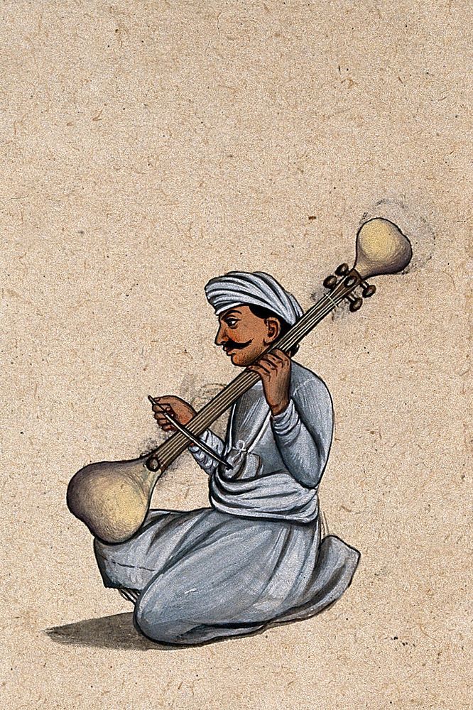 A musician playing a Indian stringed instrument, similar to a veena, with a bow. Gouache painting by an Indian artist.