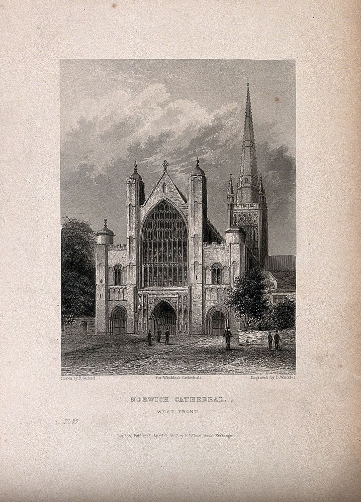 Norwich Cathedral, Norwich, Norfolk. Etching by B. Winkles, 1837, after R. Garland.