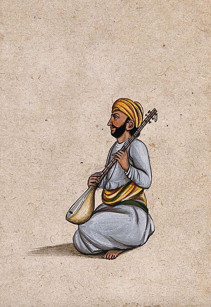 A musician playing the tampura (an Indian stringed instrument). Gouache painting by an Indian artist.