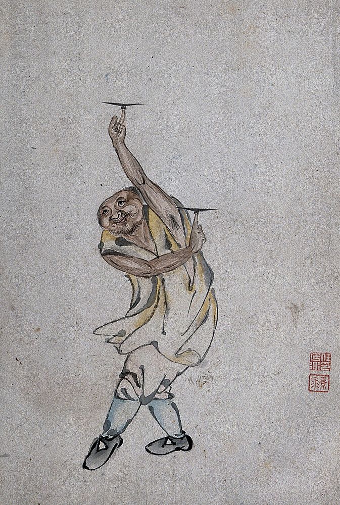 A Chinese man spinning plates on his index fingers. Watercolour.